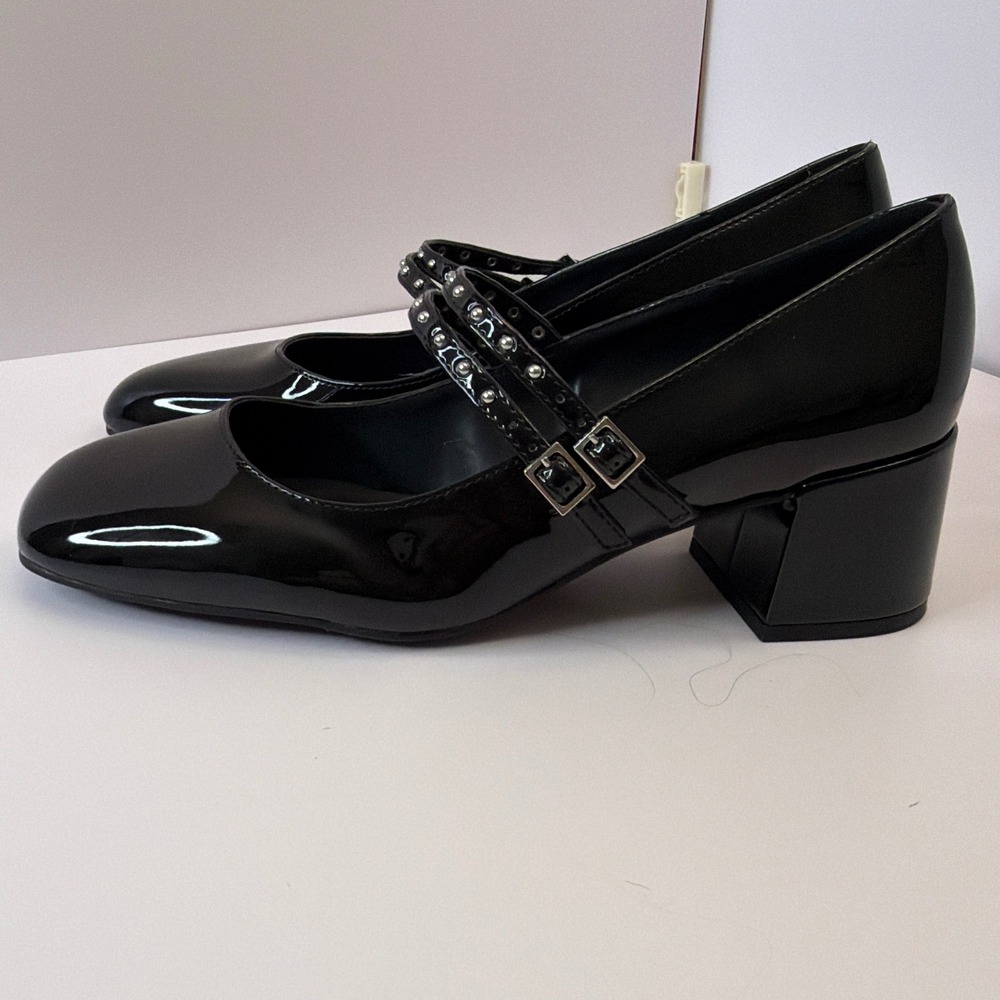 Kenneth Cole Reaction Leeann Studs Black Patent Double Strap Mary Jane Pumps 10